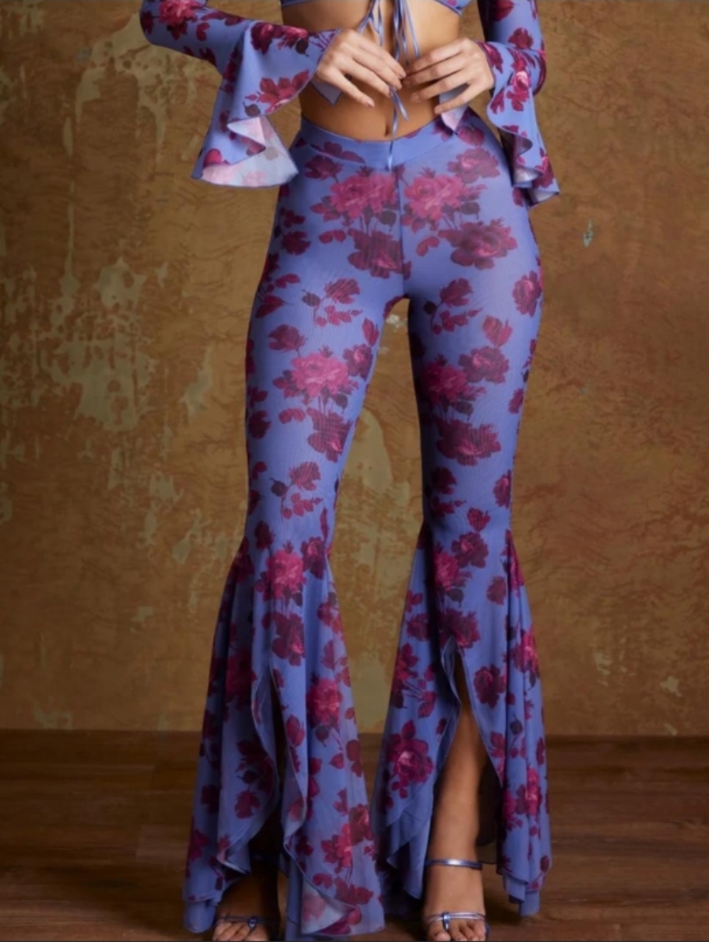 Oh Polly Floral Ruffle Hem High Waist Bell Bottom Pants Purple Pink Hippie US 14